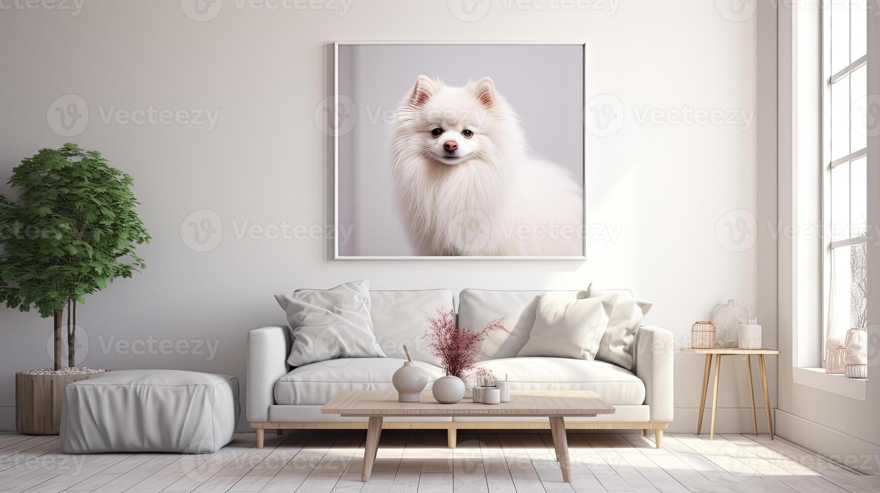 ai gegenereerd een Amerikaans Eskimo hond loungen Aan een wit bankstel in een modern leven kamer, met zacht kleuren domineren de palet, creëren een sereen en hedendaags sfeer. foto