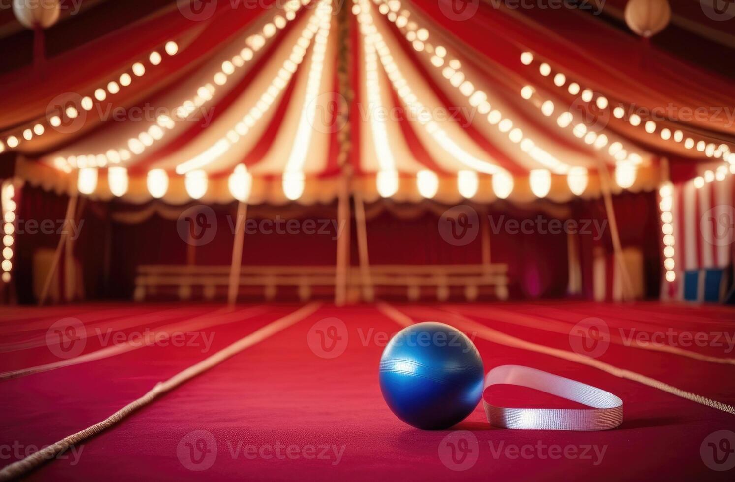 ai gegenereerd wereld circus dag, circus tent binnen, circus arena, gymnastiek- ballen en linten, sport- apparatuur, vrije tijd en vermaak voor kinderen, zonnig dag, zon stralen foto