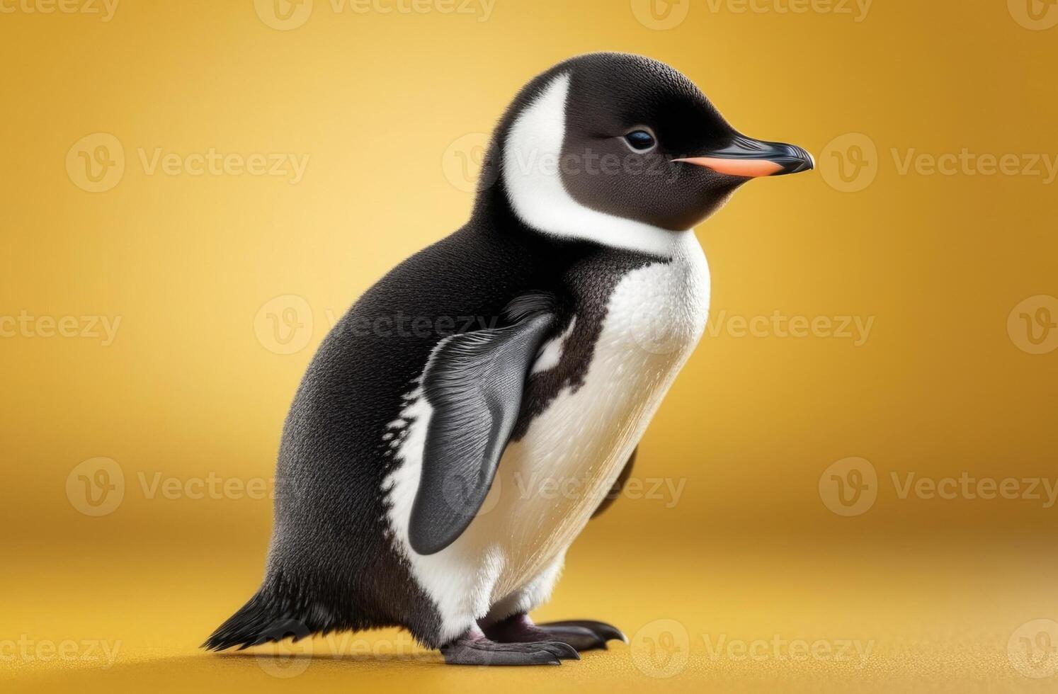 ai gegenereerd wereld pinguïn dag, grappig weinig pinguïn, schattig baby vogel, geel achtergrond foto