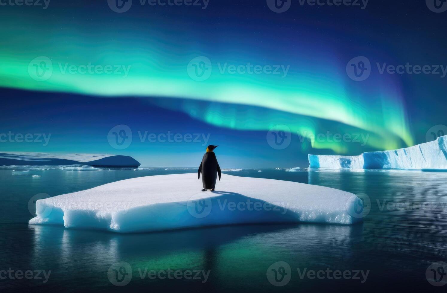 ai gegenereerd wereld pinguïn dag, een eenzaam volwassen pinguïn Aan een ijs ijsschots, de koninkrijk van ijs en sneeuw, een ijsberg in de oceaan, de noordelijk lichten, de ver noorden, groen knippert foto