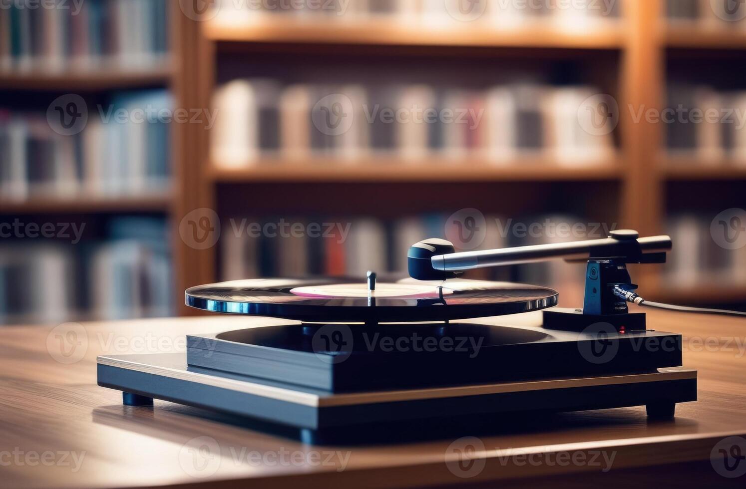 ai gegenereerd wereld muziek- dag, wereld rock'n'roll dag, oud vinyl verslagen, retro vinyl Vermelding speler Aan de tafel, huis bibliotheek Aan een wazig achtergrond, boekenkasten foto