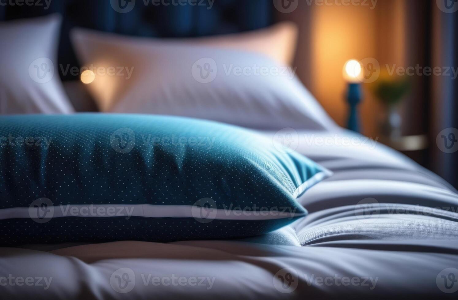 ai gegenereerd wereld slaap dag, modern slaapkamer interieur, knus atmosfeer, luxe hotel, dubbele bed, blauw glimmend kussens, wit beddengoed, blauw tinten, warm nacht verlichting foto