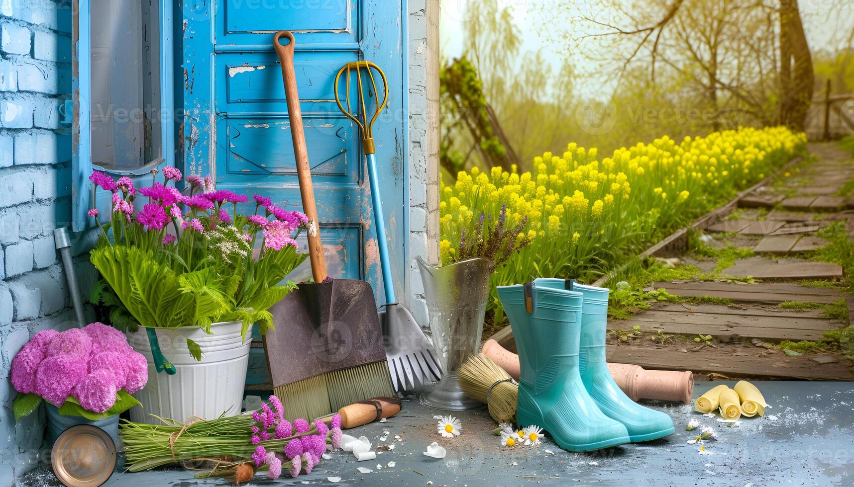 ai gegenereerd samenstelling van tuinieren gereedschap en bloemen foto