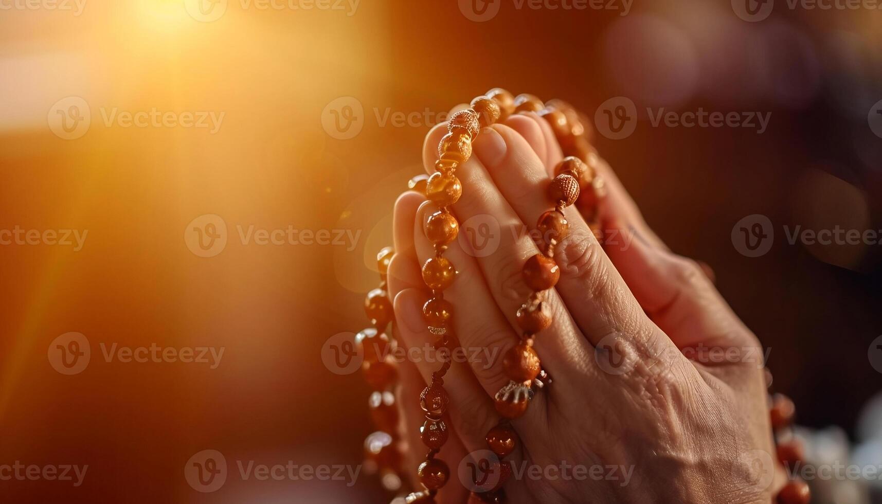 ai gegenereerd handen Holding een rozenkrans terwijl bidden foto