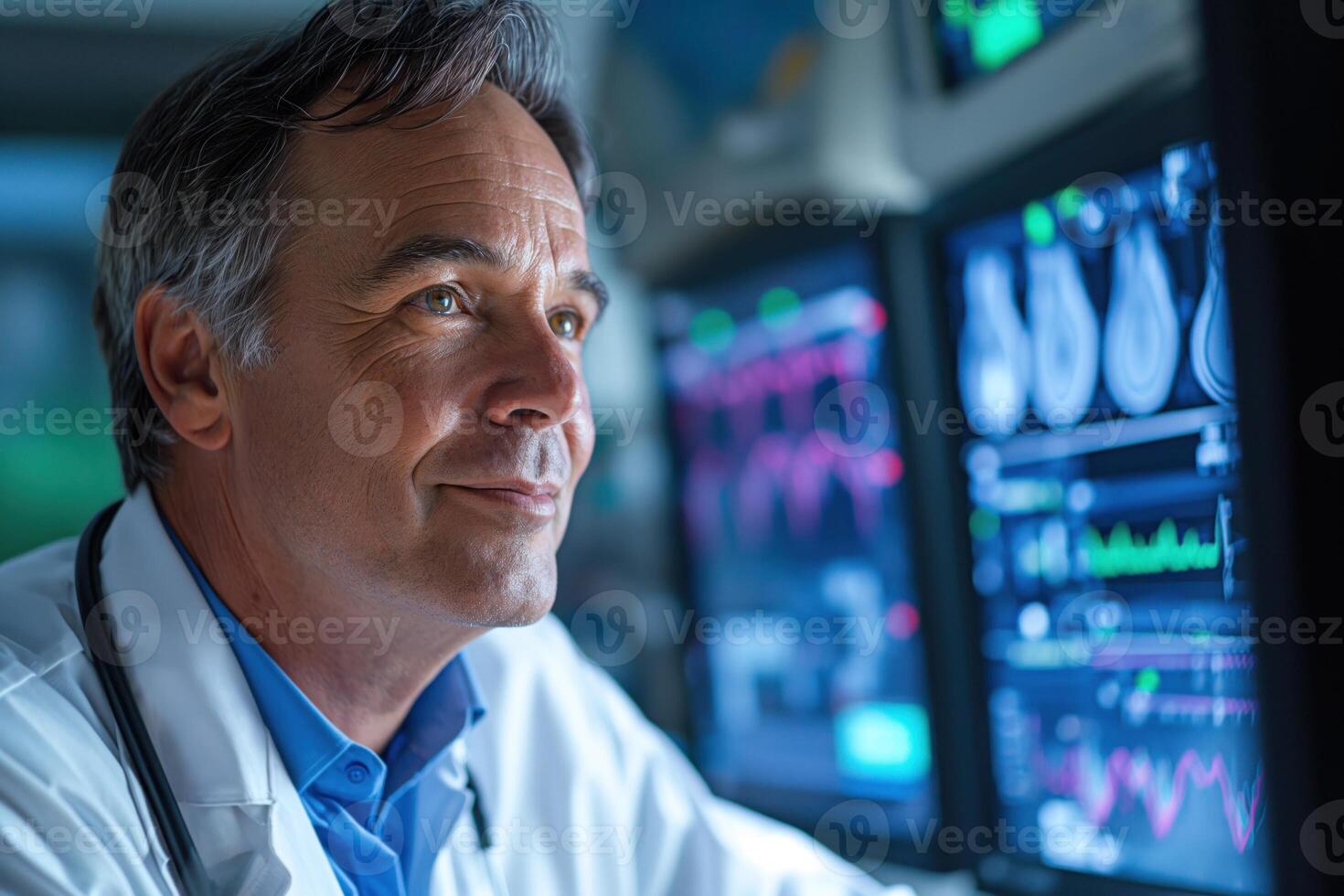 ai gegenereerd volwassen mannetje dokter beoordelingen geduldig vitaal tekens Aan meerdere monitoren in een high Tech ziekenhuis kamer, presentatie van ervaring en focus. foto