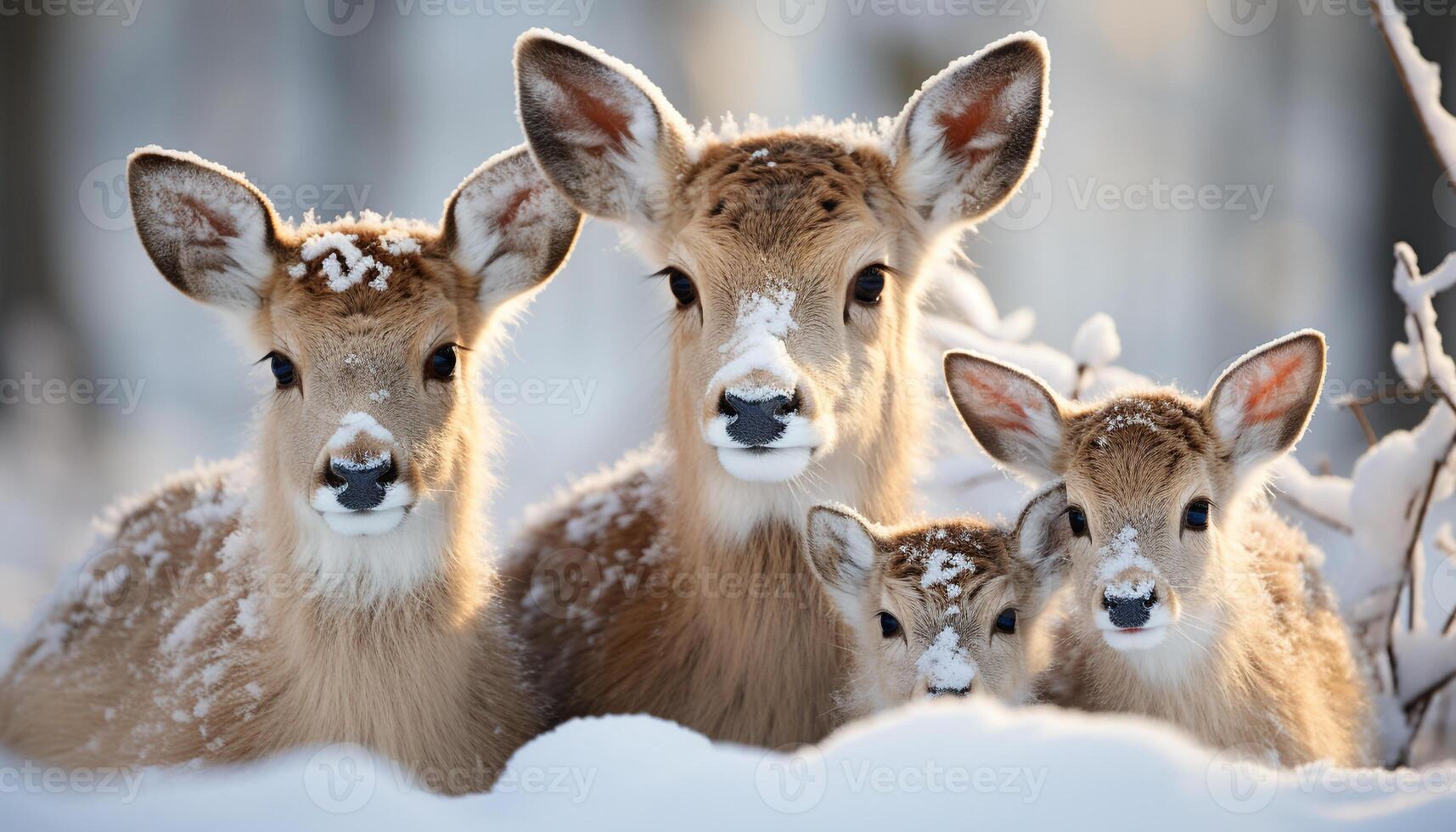 ai gegenereerd schattig jong hert op zoek Bij camera in besneeuwd Woud gegenereerd door ai foto