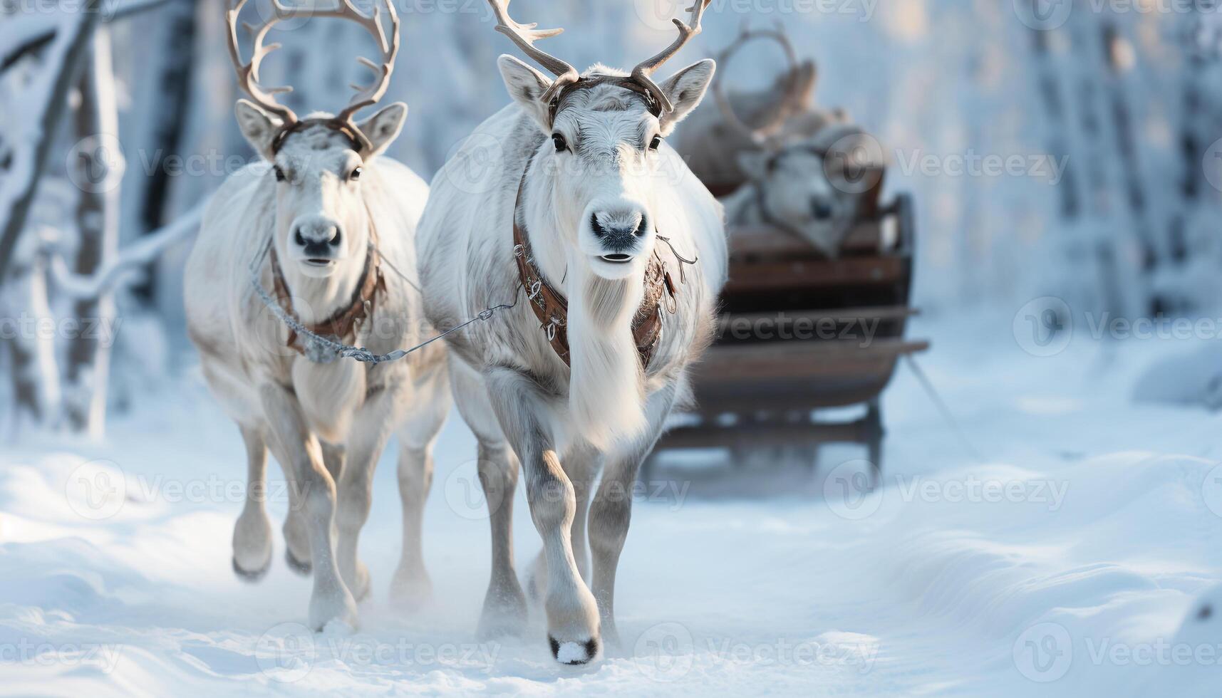 ai gegenereerd schattig hert sleeën door besneeuwd Woud, winter avontuur wacht gegenereerd door ai foto