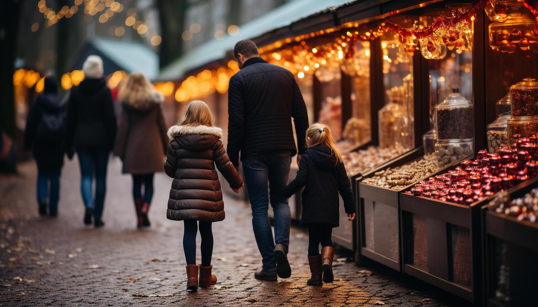 ai gegenereerd groep van mensen wandelen in de winter nacht, boodschappen doen voor warm kleding gegenereerd door ai foto