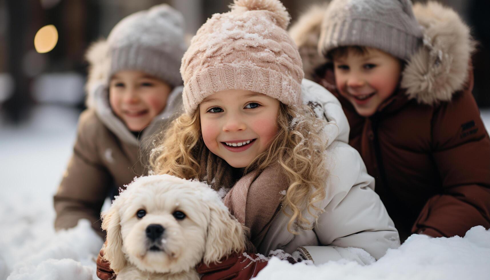 ai gegenereerd glimlachen meisjes spelen in sneeuw, omarmen hond, blij winter pret gegenereerd door ai foto