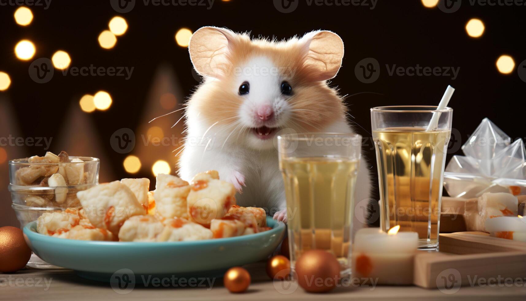 ai gegenereerd schattig dier zit Bij tafel, genieten van zoet voedsel en wijn gegenereerd door ai foto