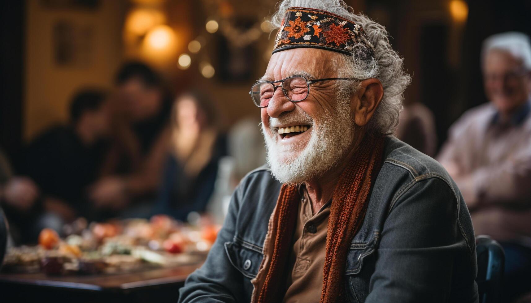 ai gegenereerd glimlachen senior mannen en Dames genieten van buitenshuis viering samen gegenereerd door ai foto