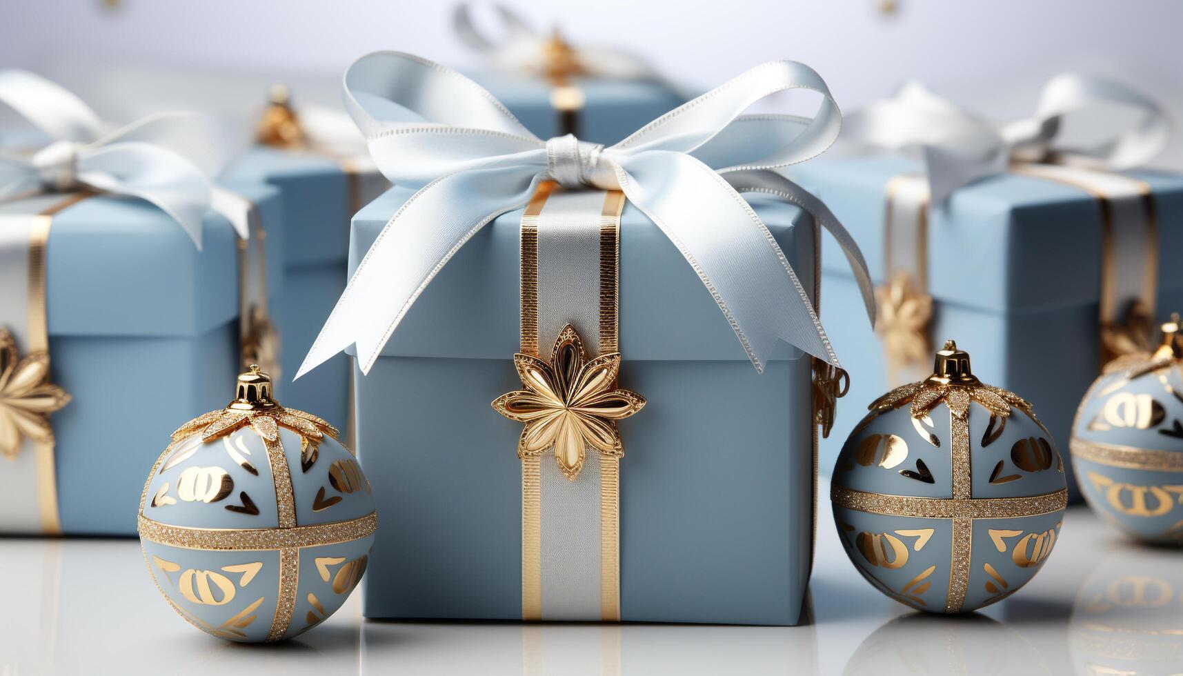 ai gegenereerd Kerstmis ornament decoratie in een glimmend goud geschenk doos gegenereerd door ai foto