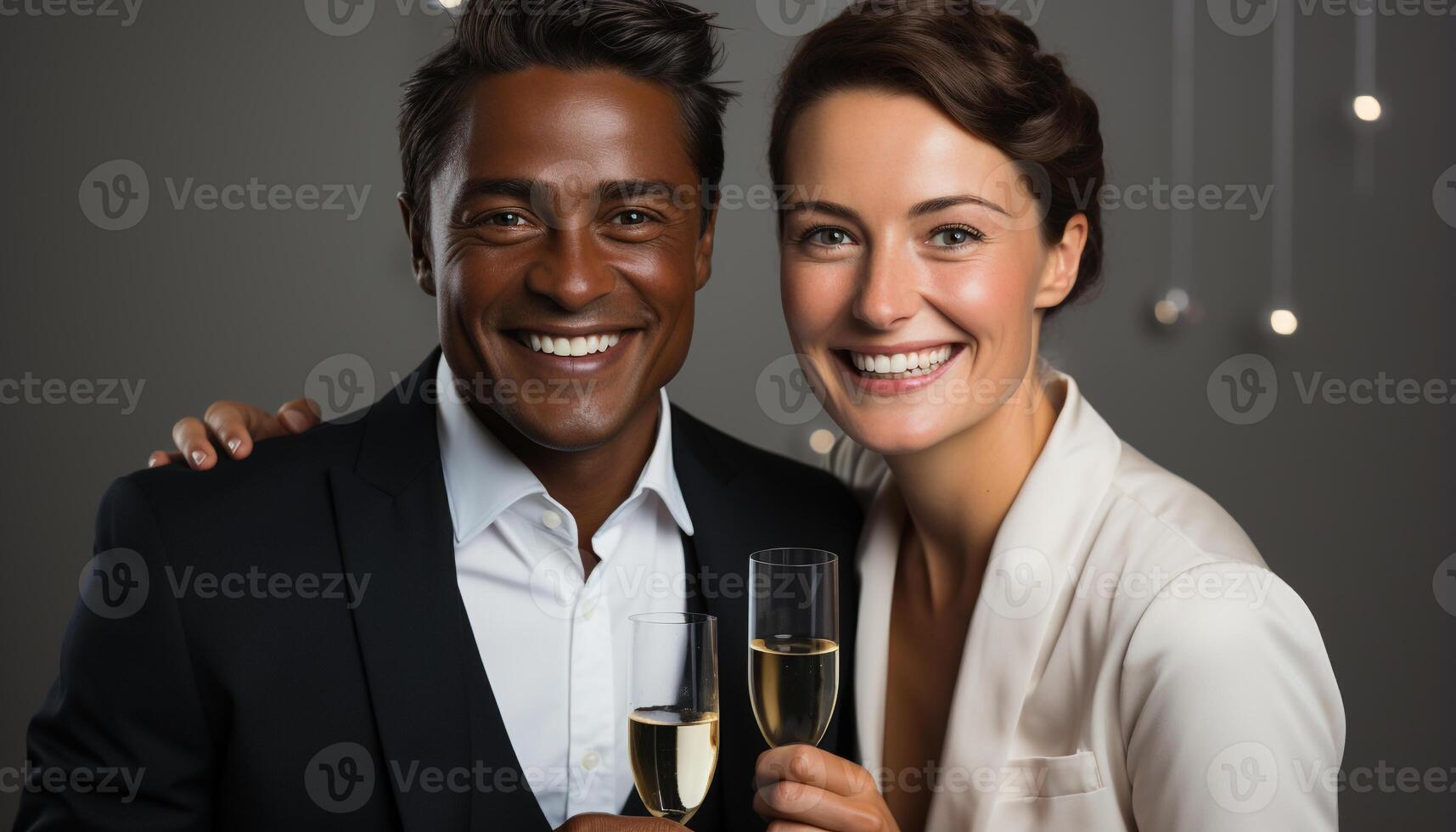 ai gegenereerd glimlachen mannen en Dames vieren met Champagne, geluk en romance gegenereerd door ai foto