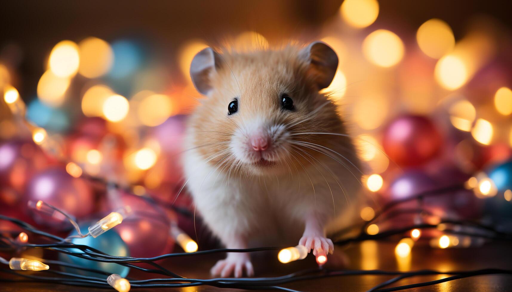 ai gegenereerd schattig klein zoogdier op zoek Bij camera met gloeiend Kerstmis lichten gegenereerd door ai foto