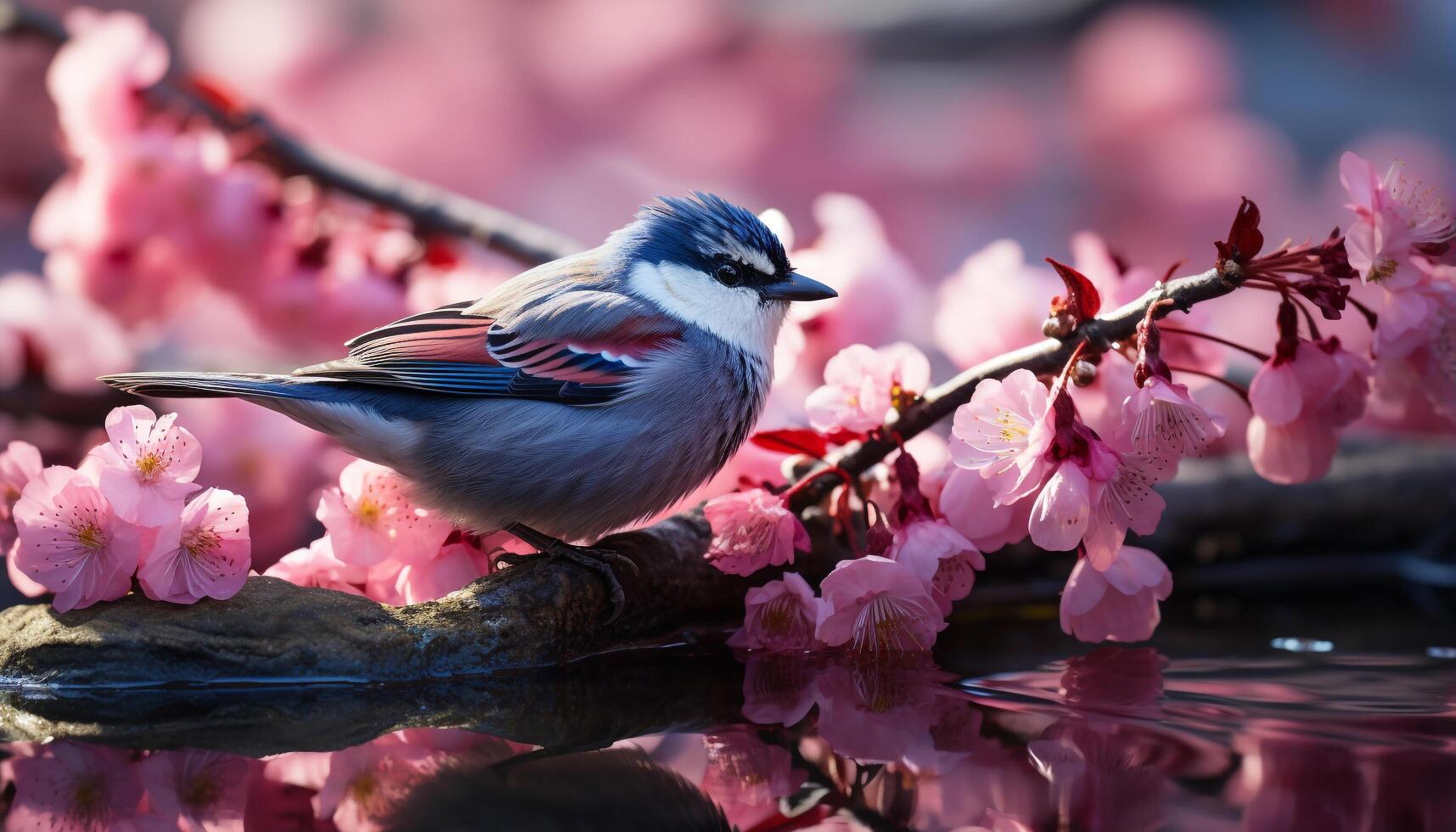 ai gegenereerd de schattig mus zitstokken Aan een tak, omringd door kers bloesems gegenereerd door ai foto