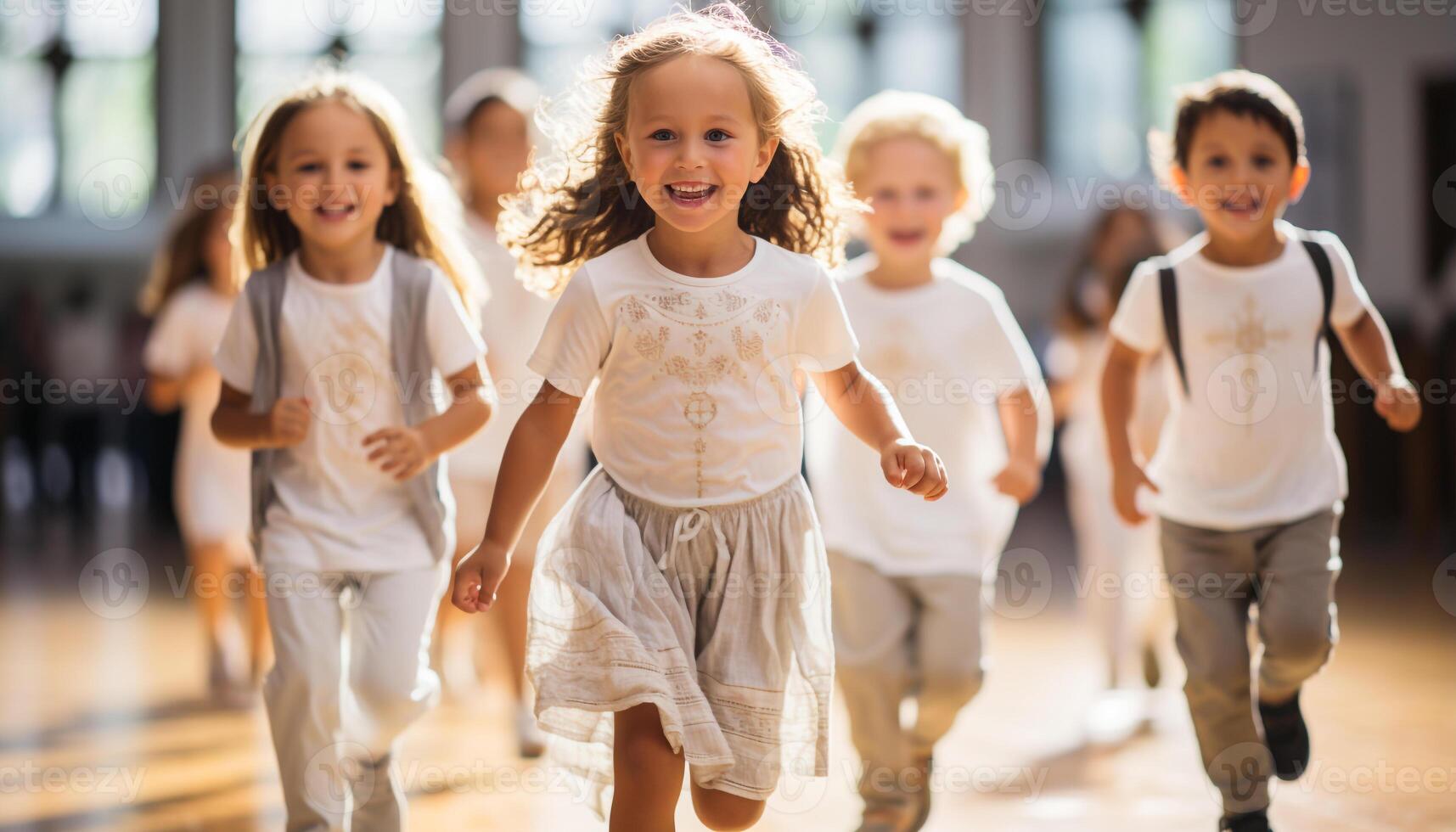 ai gegenereerd groep van kinderen spelen buitenshuis, glimlachen en op zoek Bij camera gegenereerd door ai foto