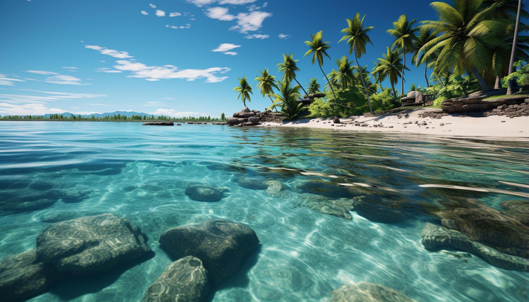 ai gegenereerd idyllisch tropisch kustlijn, turkoois water, palm bomen, en onderwater- schoonheid gegenereerd door ai foto