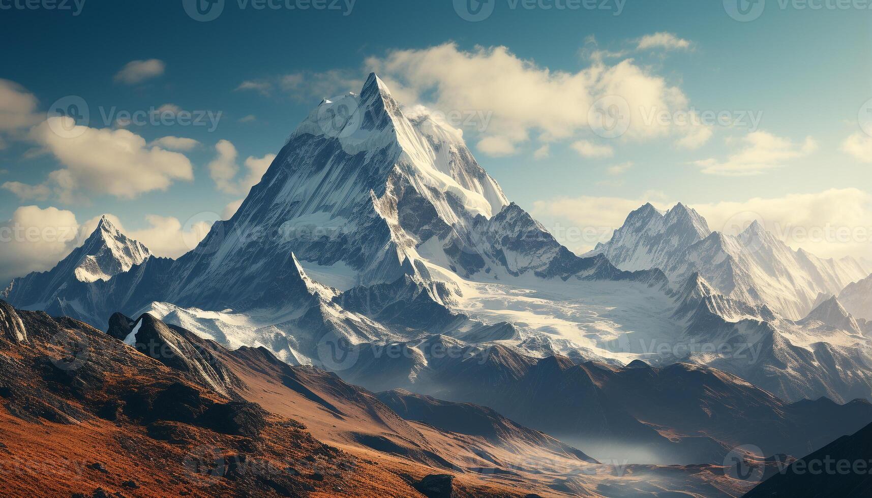 ai gegenereerd majestueus berg piek, sneeuw afgedekt en rustig, een adembenemend avontuur gegenereerd door ai foto