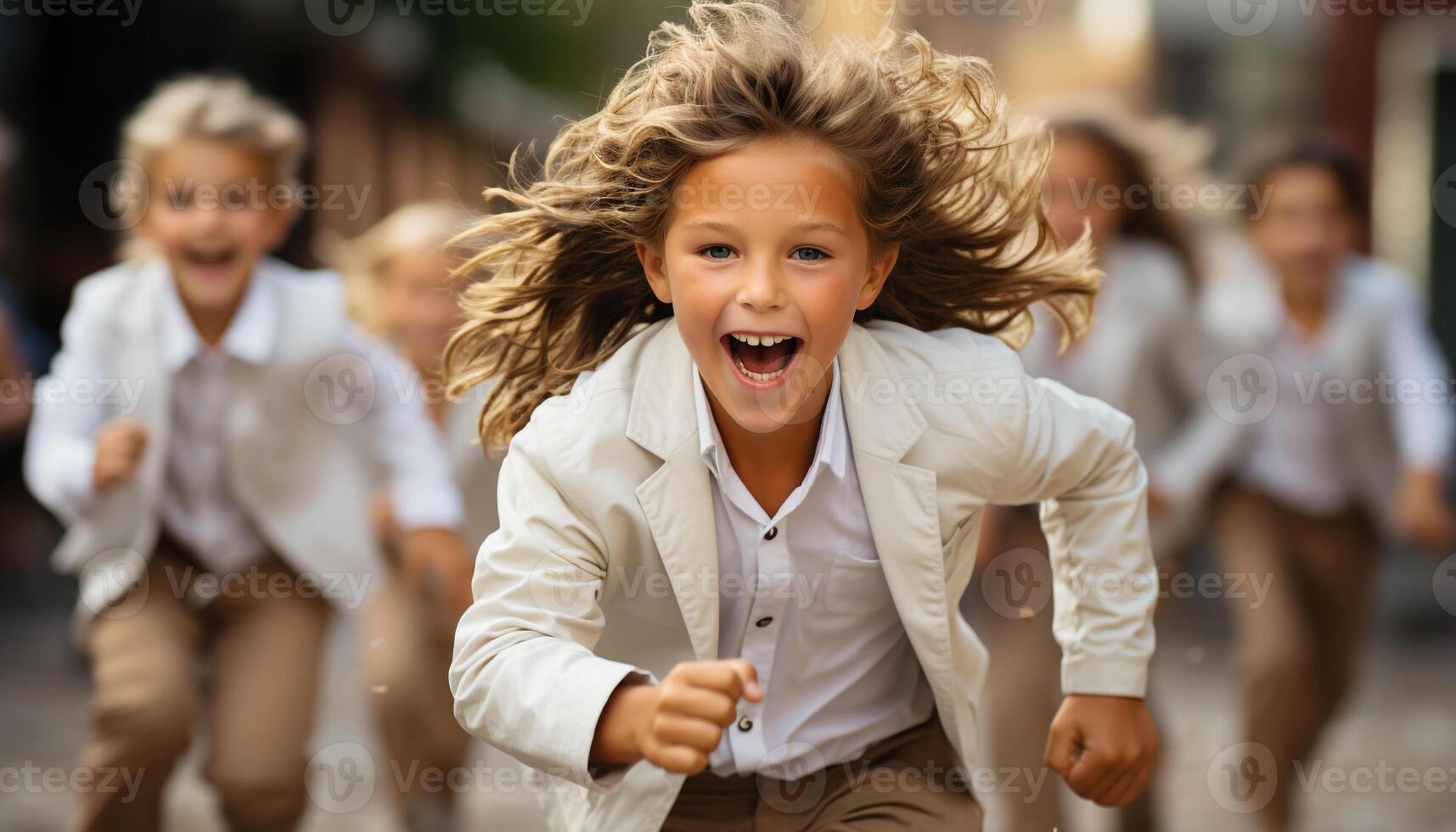 ai gegenereerd groep van kinderen spelen buitenshuis, glimlachen en op zoek Bij camera gegenereerd door ai foto