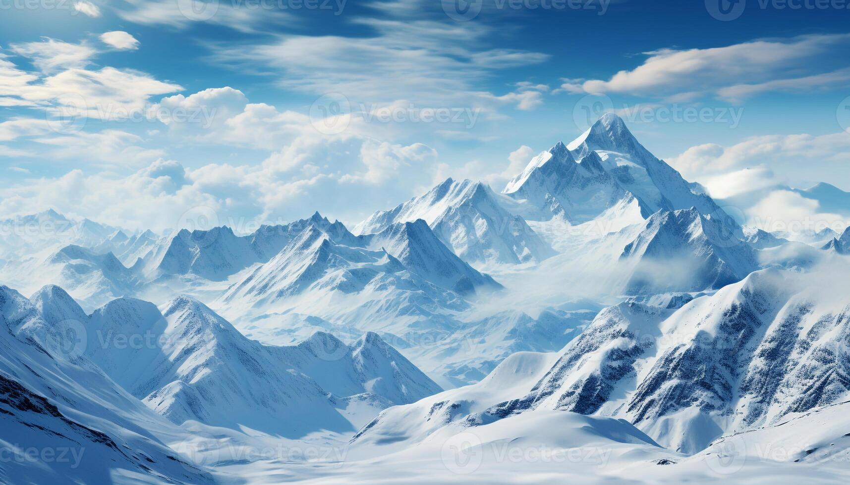ai gegenereerd majestueus berg piek, blauw lucht, rustig tafereel, bevroren schoonheid gegenereerd door ai foto