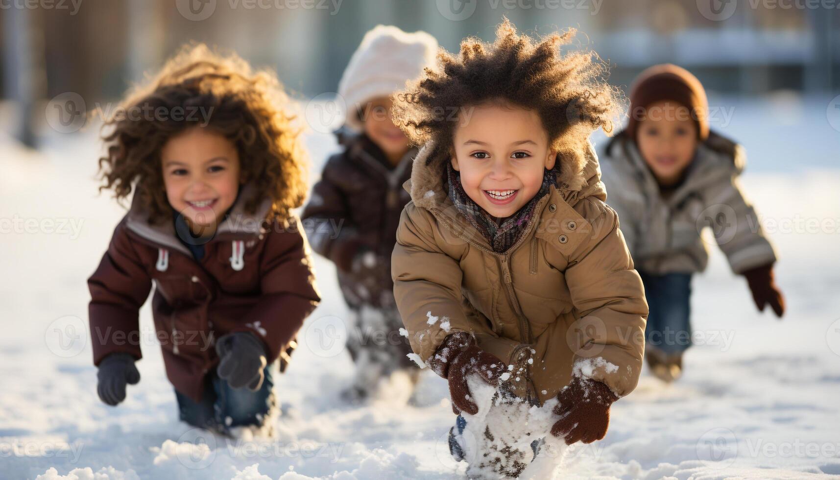 ai gegenereerd glimlachen kinderen spelen buitenshuis in winter, vervelend warm kleding gegenereerd door ai foto