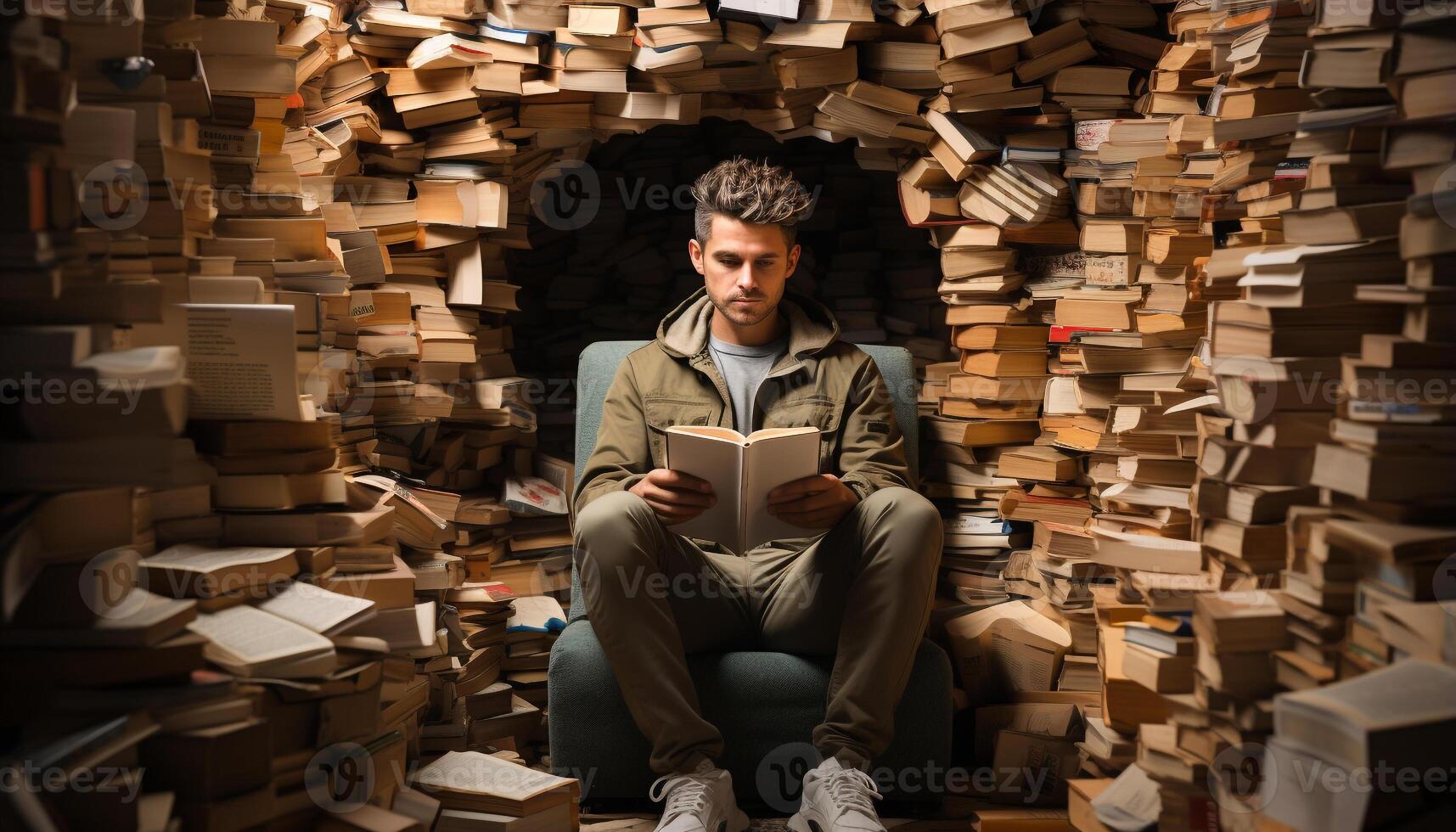 ai gegenereerd een jong volwassen zakenman aan het studeren in een bibliotheek, Holding een boek gegenereerd door ai foto