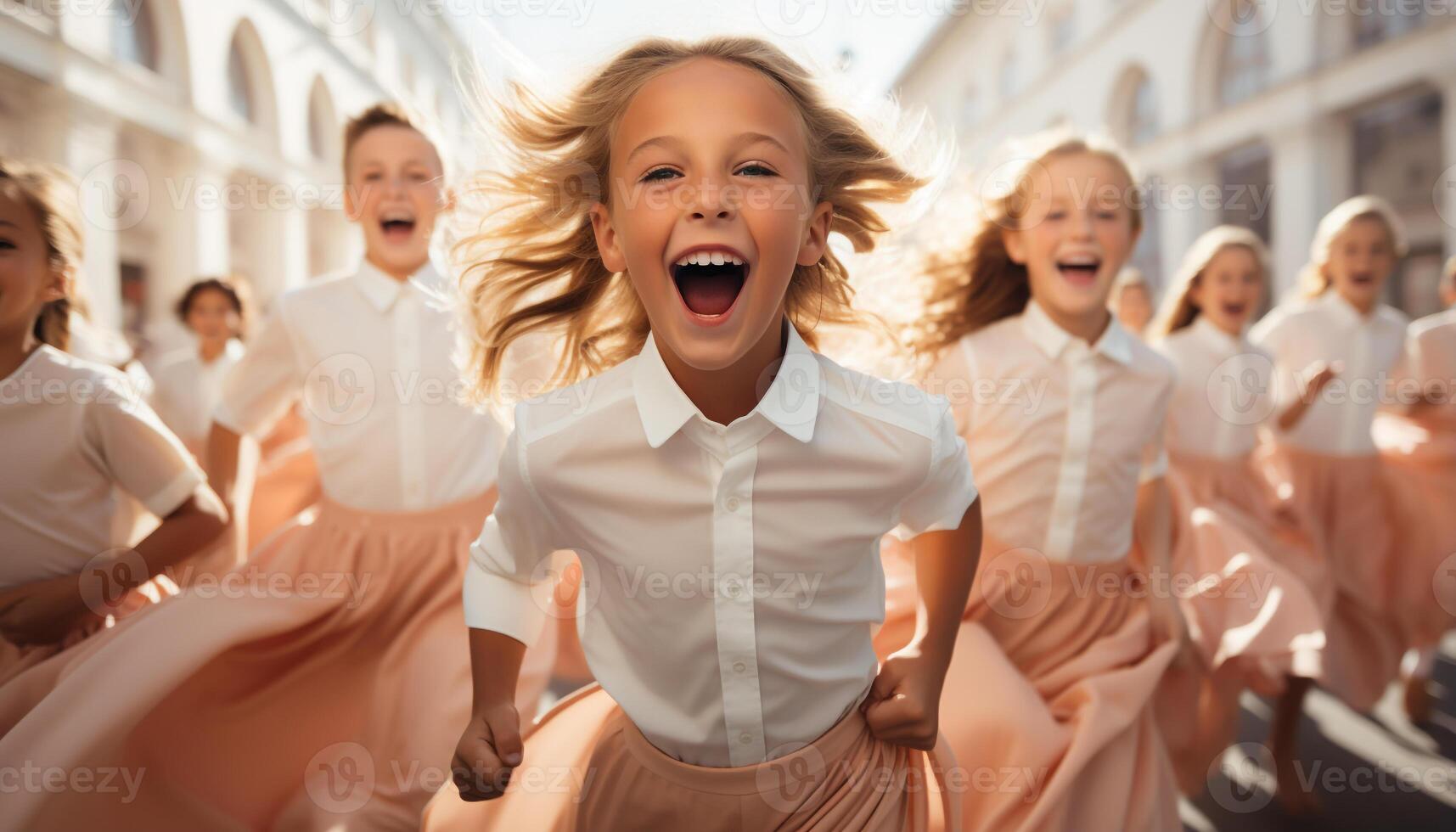 ai gegenereerd groep van kinderen spelen buitenshuis, glimlachen en op zoek Bij camera gegenereerd door ai foto