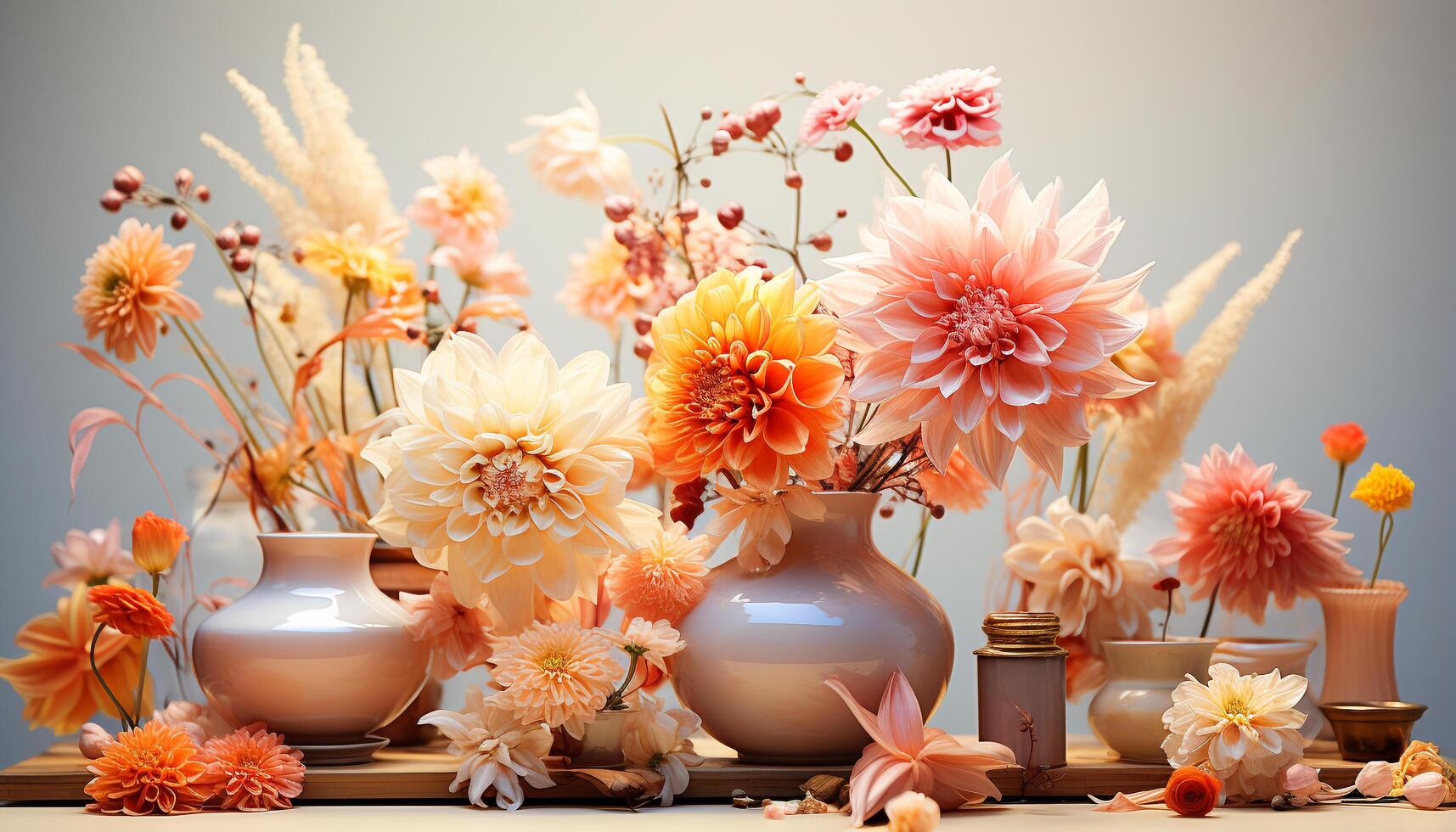 ai gegenereerd versheid van zomer boeket van multi gekleurde bloemen Aan houten tafel gegenereerd door ai foto
