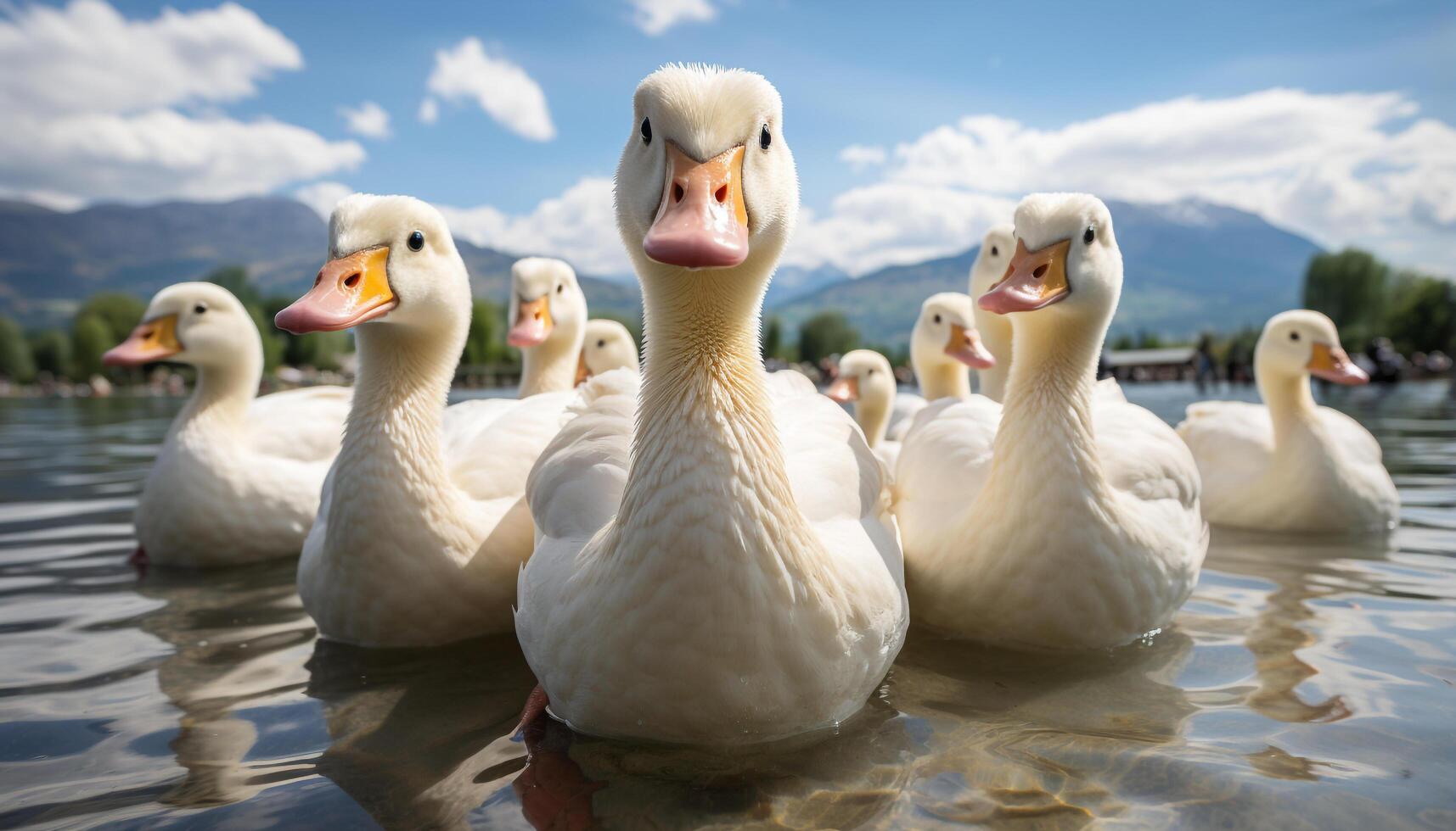 ai gegenereerd eendje en gans in vijver, natuur schattig vee groep gegenereerd door ai foto