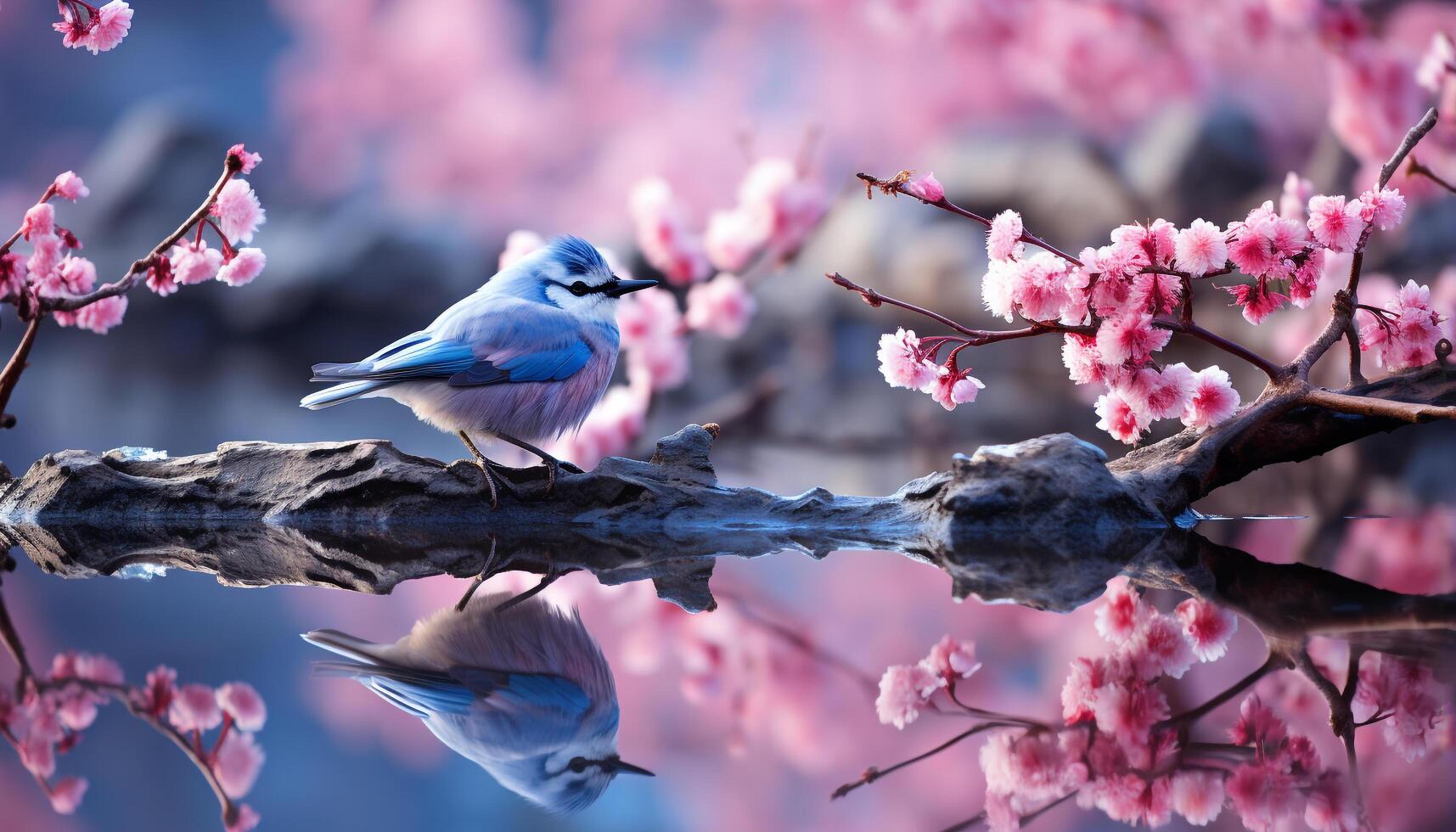 ai gegenereerd een klein vogel neerstrijken Aan een tak, omringd door kers bloesems gegenereerd door ai foto