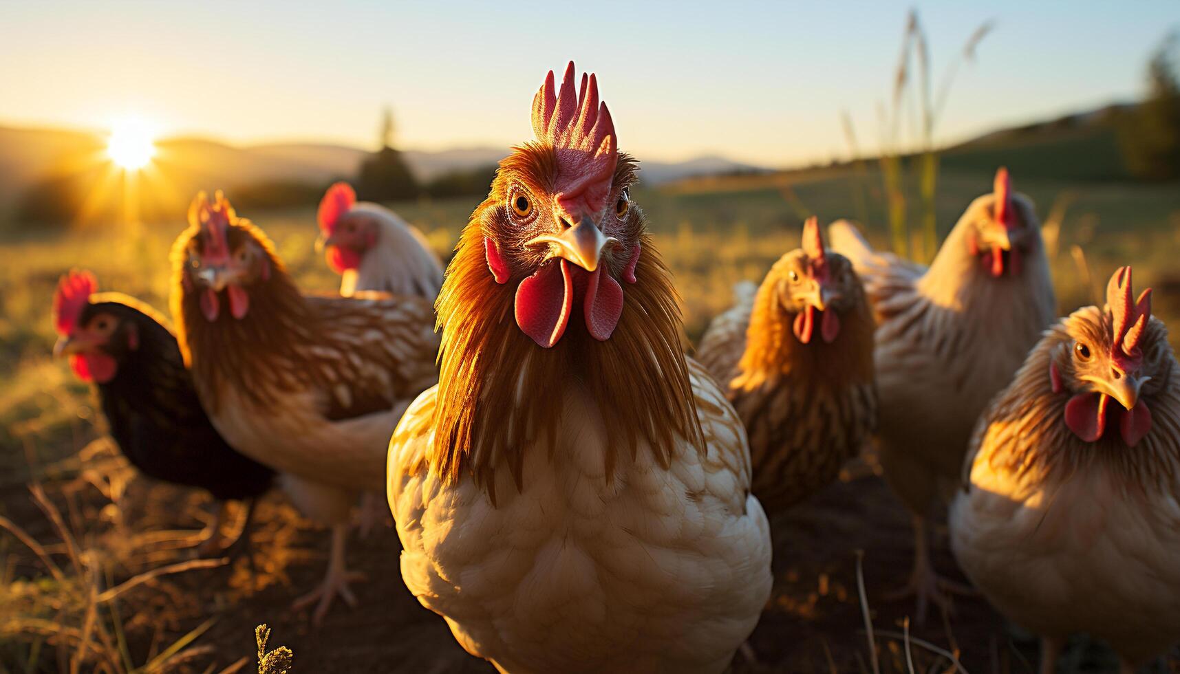 ai gegenereerd majestueus haan staand in een levendig, vrij reeks boerderij weide gegenereerd door ai foto