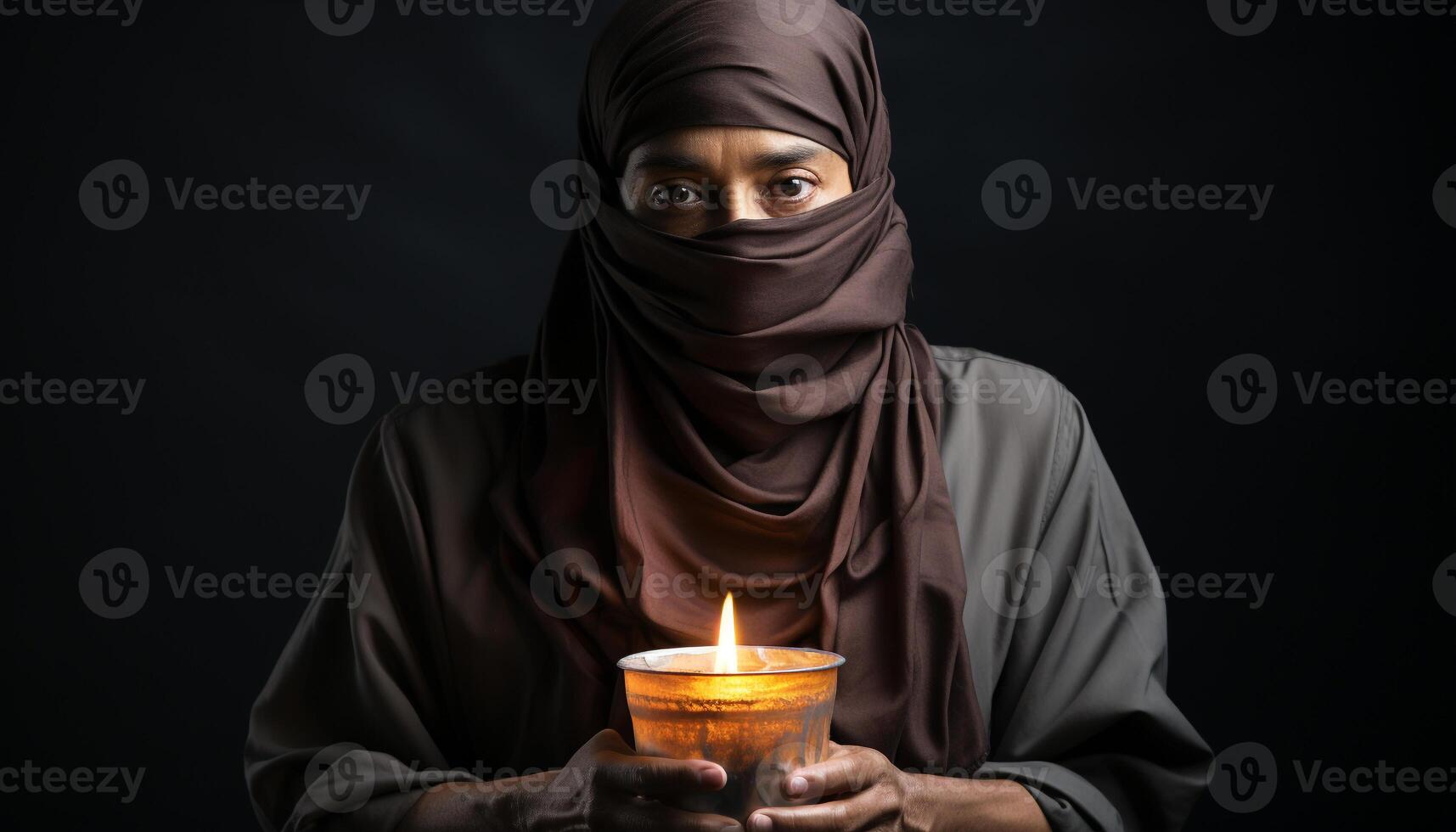 ai gegenereerd een vrouw mediteren, Holding kaars, op zoek sereen in zwart gegenereerd door ai foto