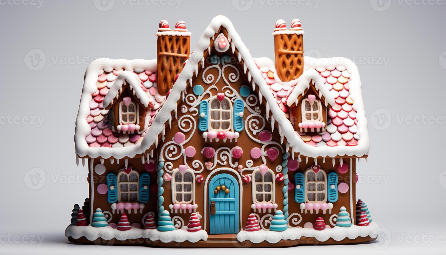 ai gegenereerd eigengemaakt peperkoek huis, versierd met glazuur, snoep, en sneeuwvlokken gegenereerd door ai foto