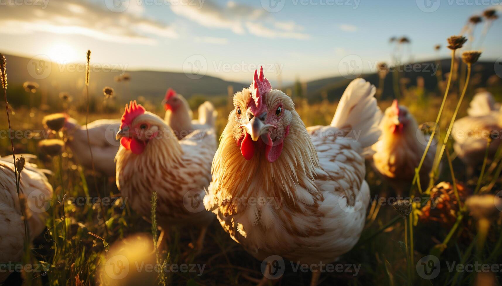 ai gegenereerd kippen zwerven vrij in de weide, genieten van de biologisch boerderij gegenereerd door ai foto