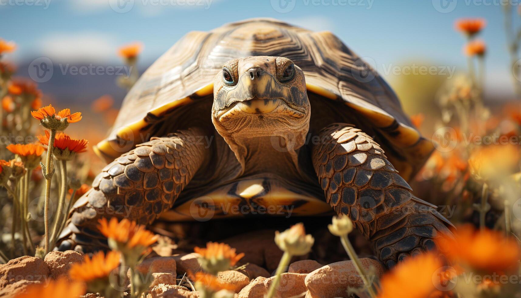 ai gegenereerd een schattig geel schildpad kruipt door de groen gras gegenereerd door ai foto