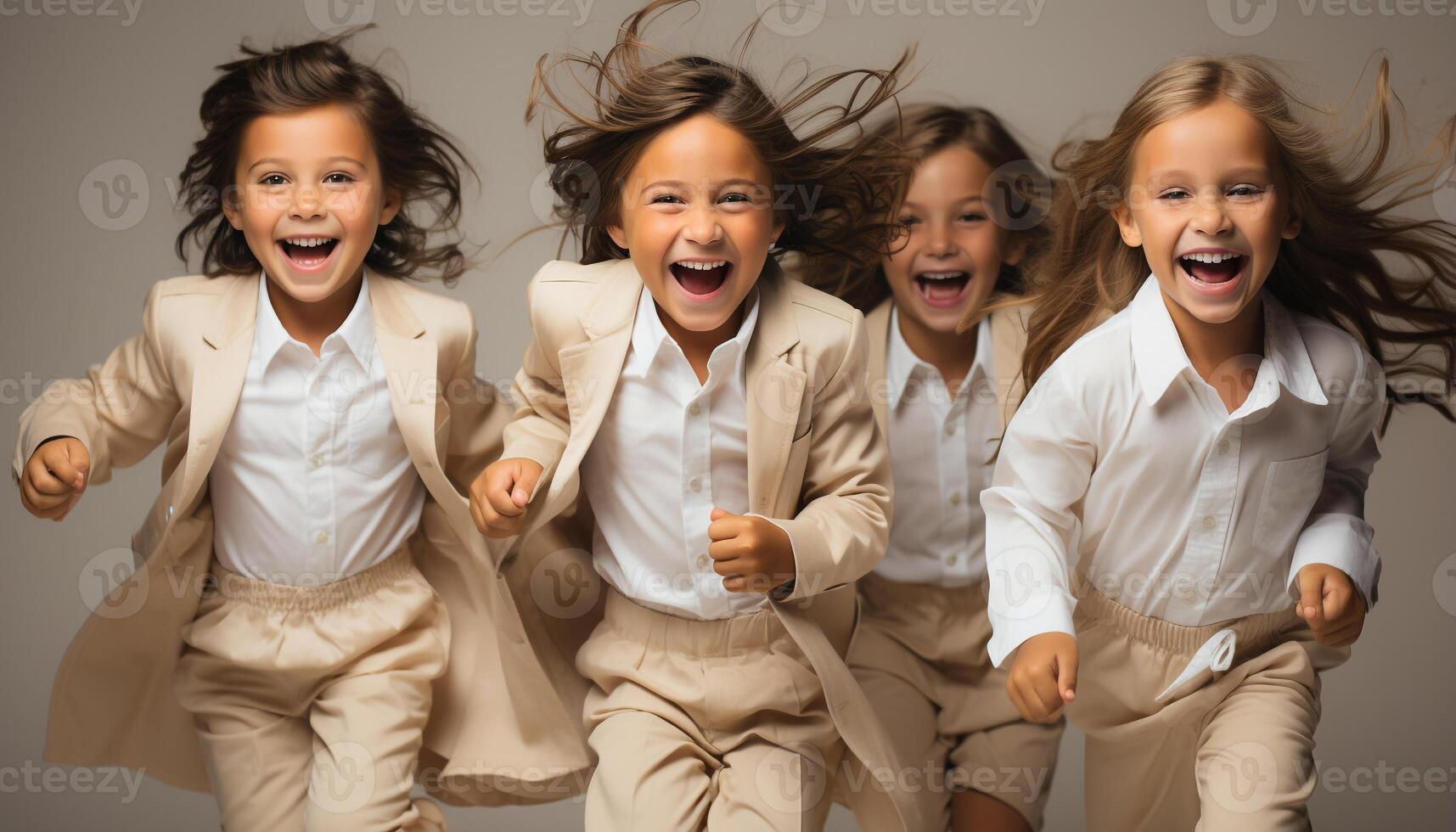 ai gegenereerd een groep van vrolijk kinderen spelen, lachend, en op zoek Bij camera gegenereerd door ai foto