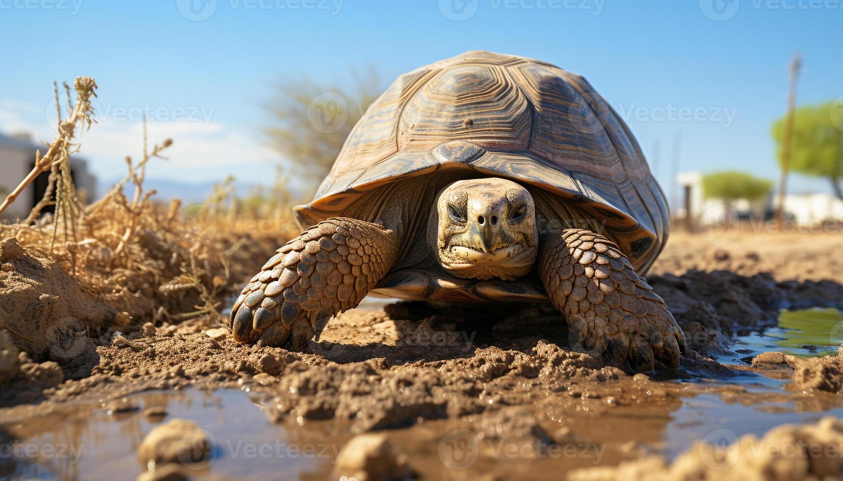 ai gegenereerd langzaam, oud schildpad kruipen in de Afrikaanse modder gegenereerd door ai foto