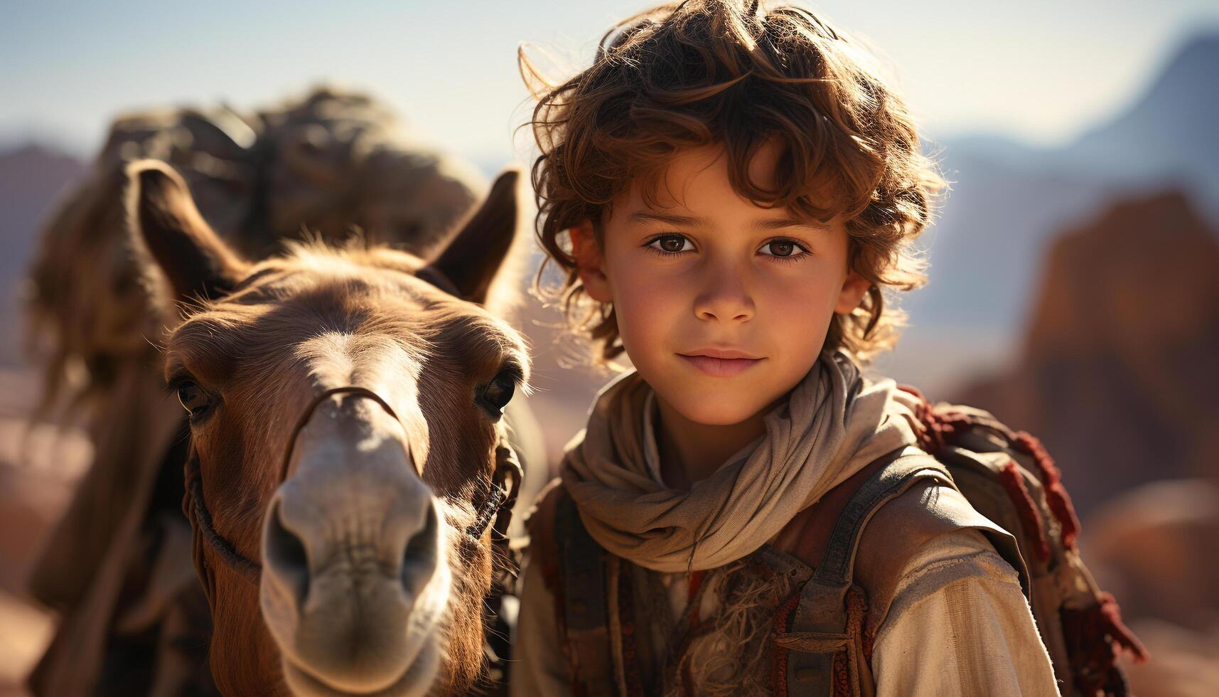 ai gegenereerd glimlachen kind Aan boerderij, op zoek Bij camera, rijden paard gegenereerd door ai foto