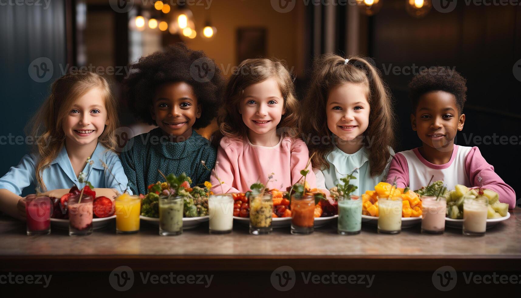 ai gegenereerd glimlachen kinderen Holding aardbeien, vieren vriendschap en saamhorigheid binnenshuis gegenereerd door ai foto