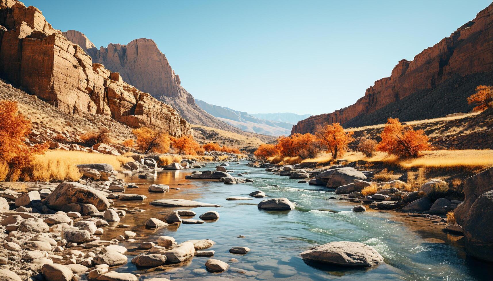 ai gegenereerd zomer wandelen avontuur majestueus berg piek, rustig rivierbedding, vloeiende water gegenereerd door ai foto