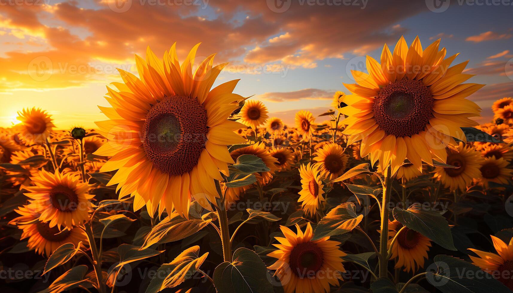 ai gegenereerd zonnebloem weide, natuur levendig schoonheid in een zomer zonsondergang gegenereerd door ai foto