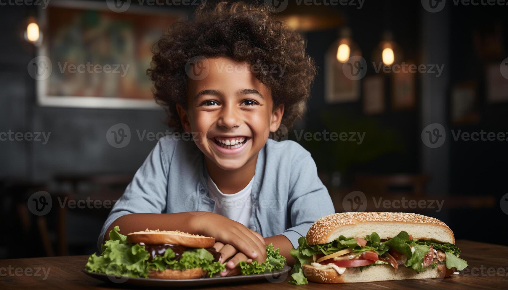 ai gegenereerd glimlachen kind genieten van maaltijd, op zoek Bij camera met geluk gegenereerd door ai foto