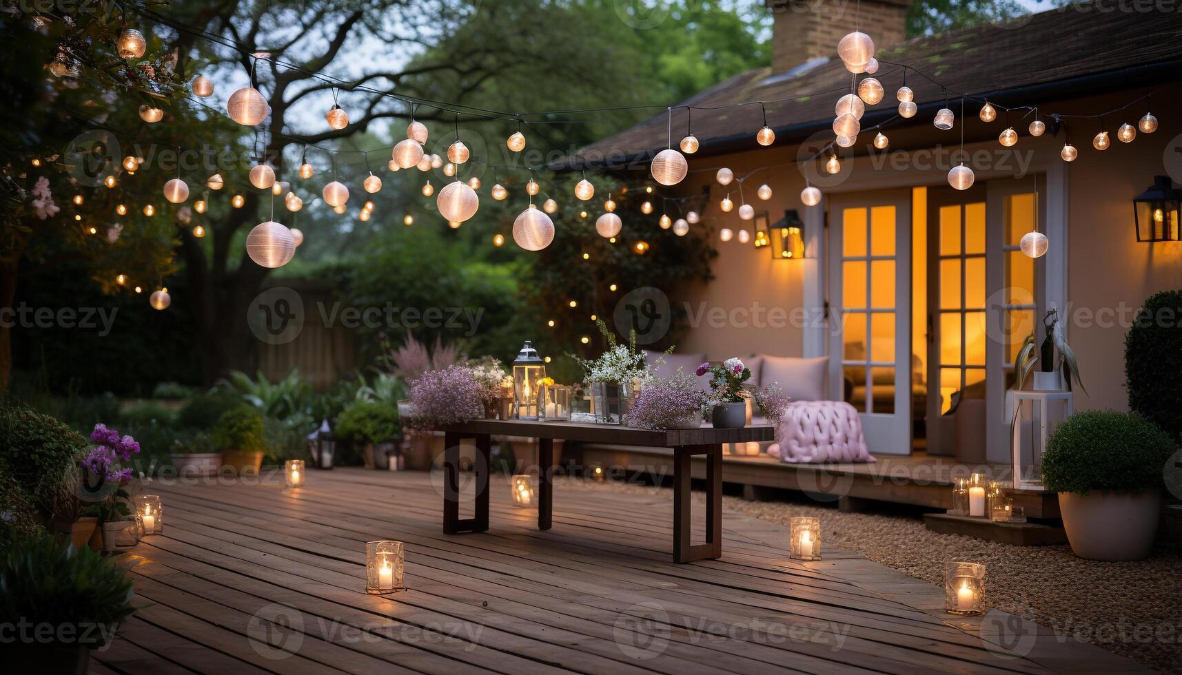 ai gegenereerd comfortabel zomer nachten verlichte door lantaarns Aan een houten veranda gegenereerd door ai foto