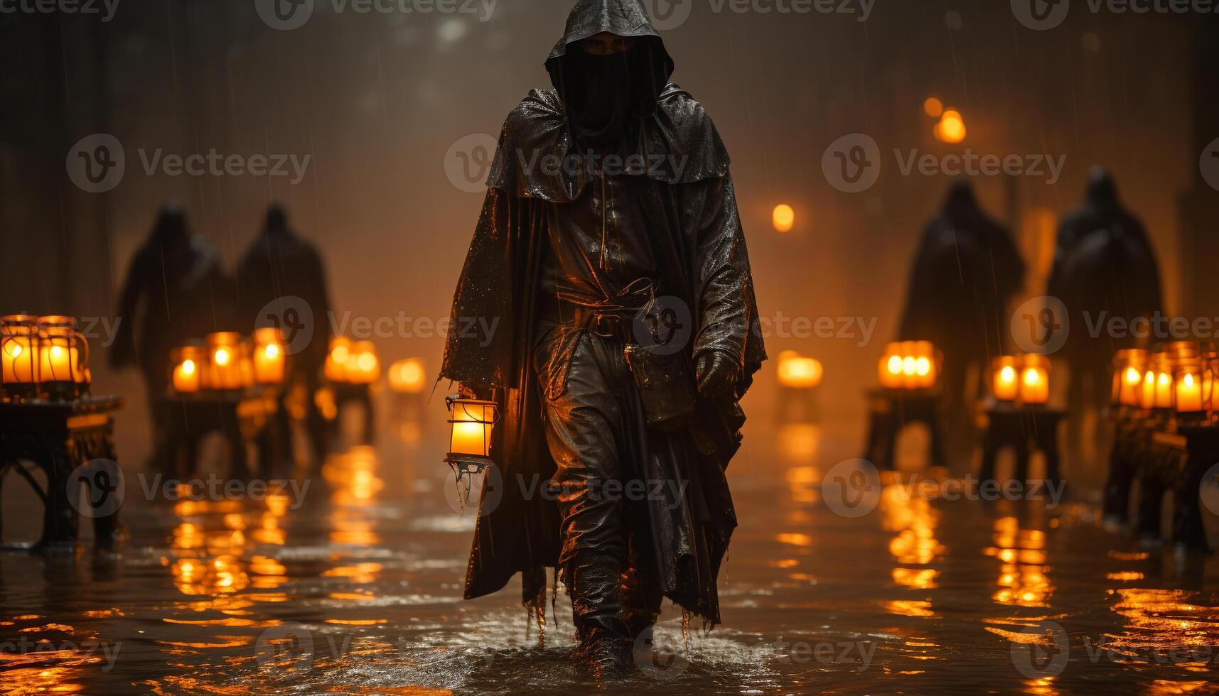 ai gegenereerd een persoon wandelen in de donker, Holding een kaars gegenereerd door ai foto