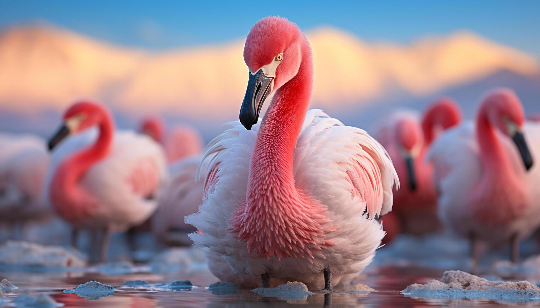 ai gegenereerd een levendig roze flamingo staat sierlijk in de rustig water gegenereerd door ai foto