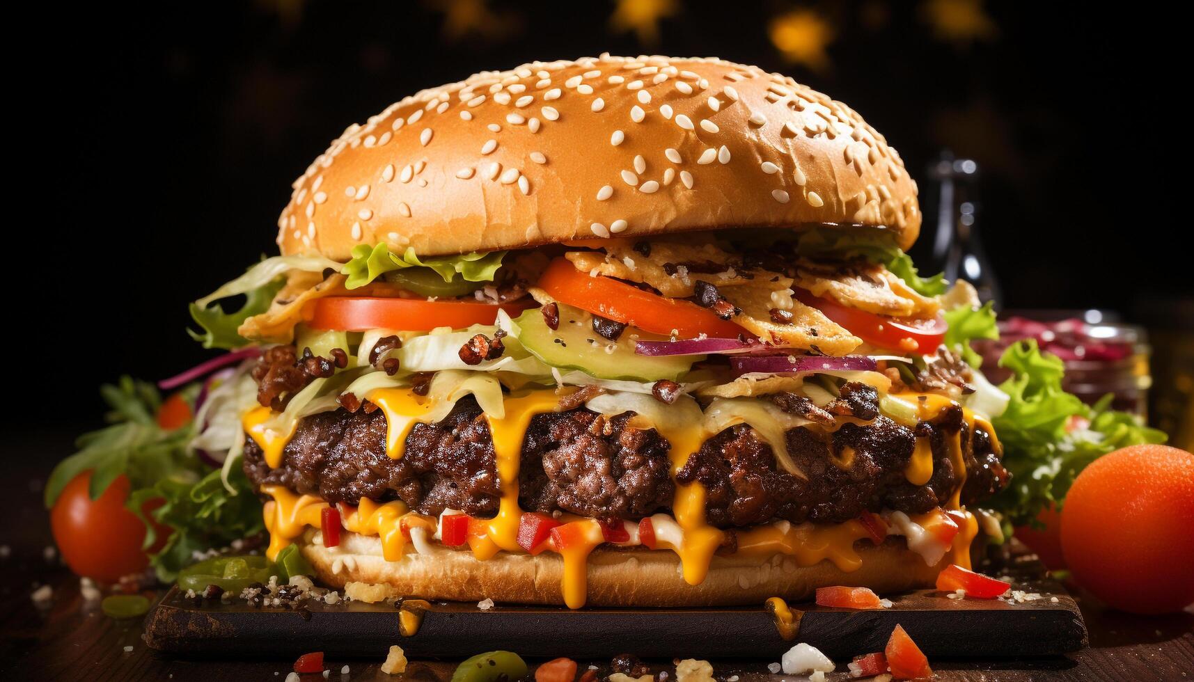 ai gegenereerd gegrild fijnproever hamburger, vers groenten, eigengemaakt, klaar naar eten Aan rustiek hout gegenereerd door ai foto