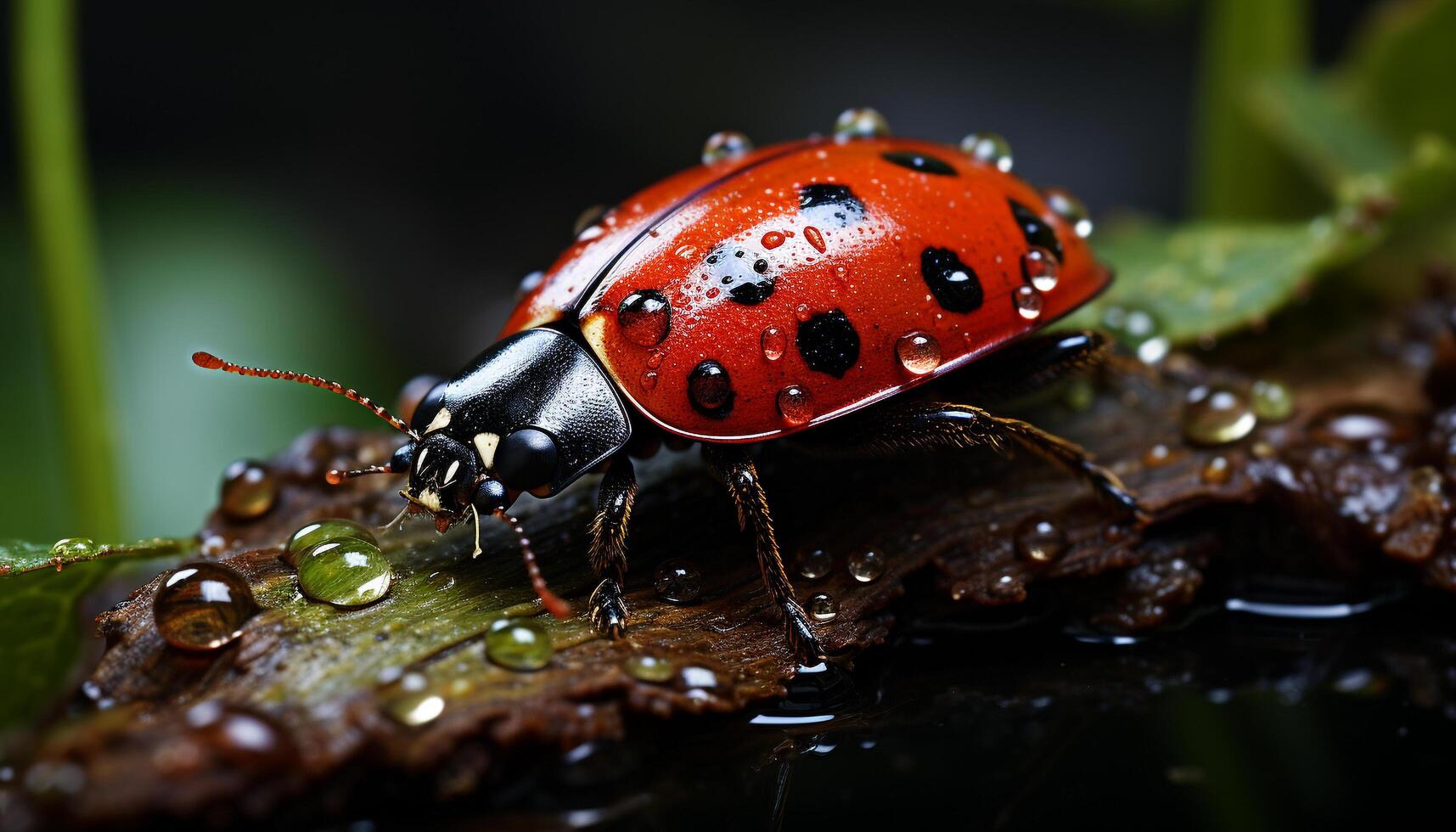 ai gegenereerd klein lieveheersbeestje kruipen Aan nat groen blad in natuur gegenereerd door ai foto