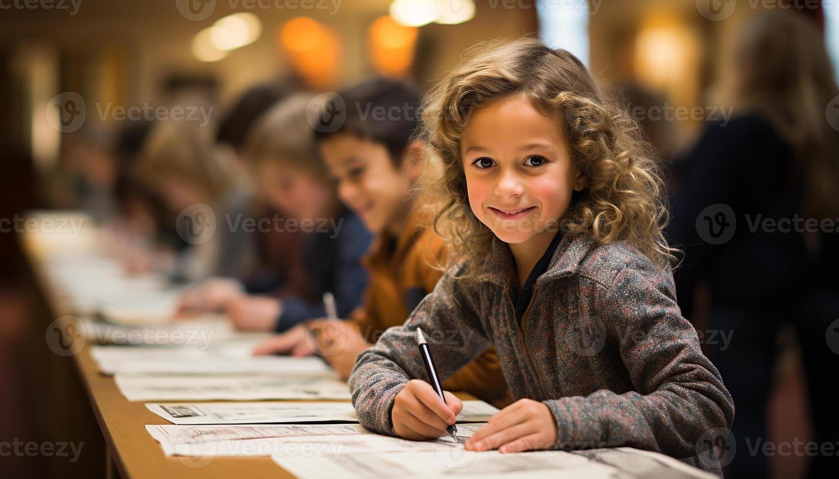 ai gegenereerd glimlachen school- kinderen aan het leren samen, creëren kunst met focus gegenereerd door ai foto