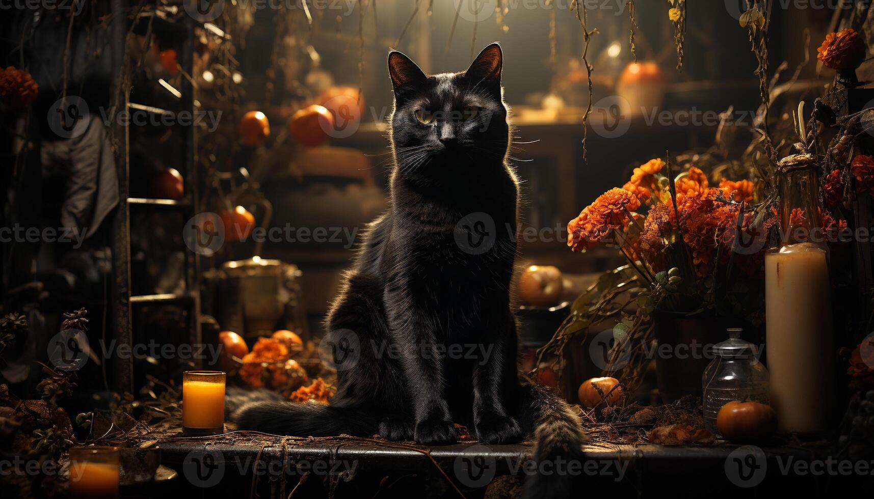ai gegenereerd schattig katje zittend door kaars, spookachtig halloween decoratie gegenereerd door ai foto