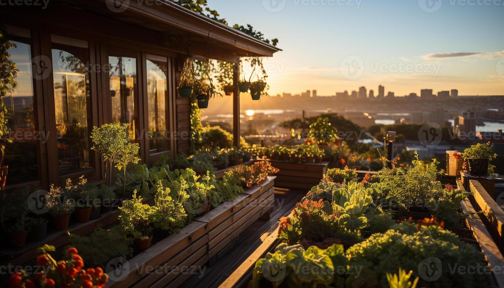 ai gegenereerd zonsondergang over- stadsgezicht, natuur schoonheid verlicht modern architectuur gegenereerd door ai foto